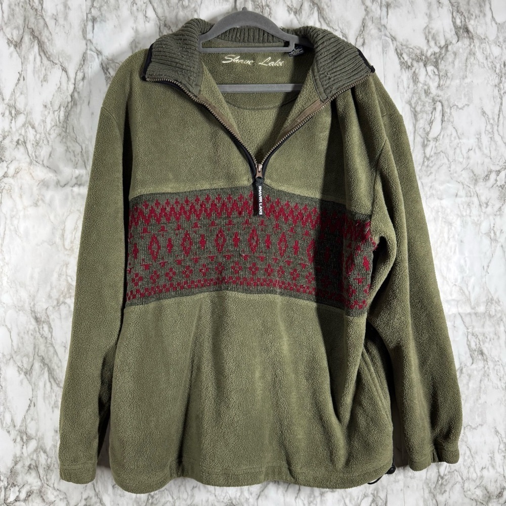 Olive Green Sweater with Red Pattern